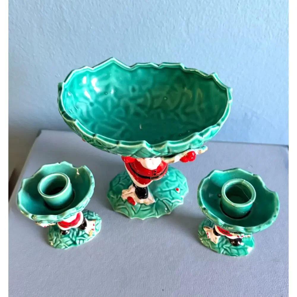 Vintage 1962 Napco Black Santa Claus Ceramic Console Set - Rare Mid Century